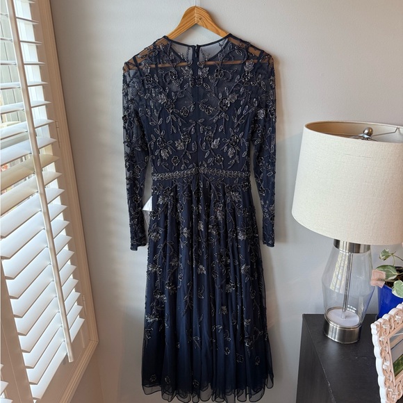 MAC DUGGAL Navy Beaded Illusion High Neck Long Sleeve A Line Dress NEW! S #10799 - Picture 10 of 13